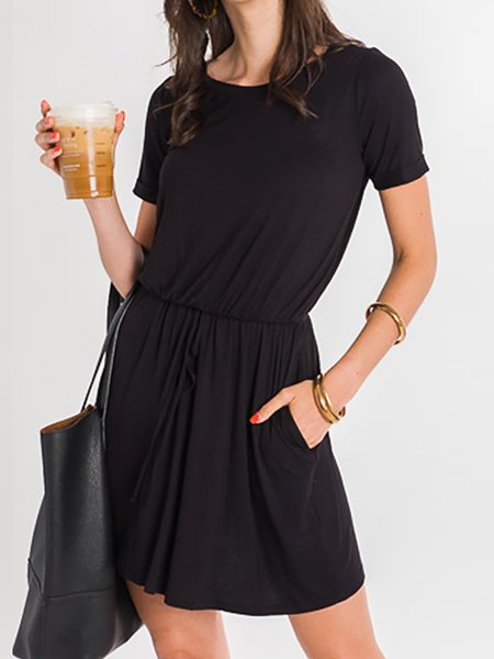 

Loosen Crew Neck Solid Short Dresses, Black, Mini Dresses