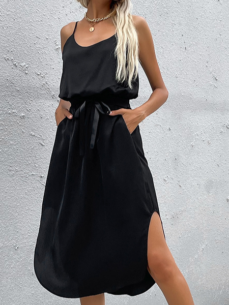 

Women's solid color casual split sling dress, Black, Midi Dresses