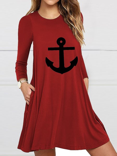 

Vacation round neck long-sleeved wine red anchor pattern A-line dress, Crimson, Mini Dresses