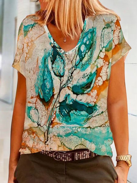 

V Neck Cotton Blends Abstract Leaves Casual Shirts & Tops, Multicolor, Tees & T-shirts