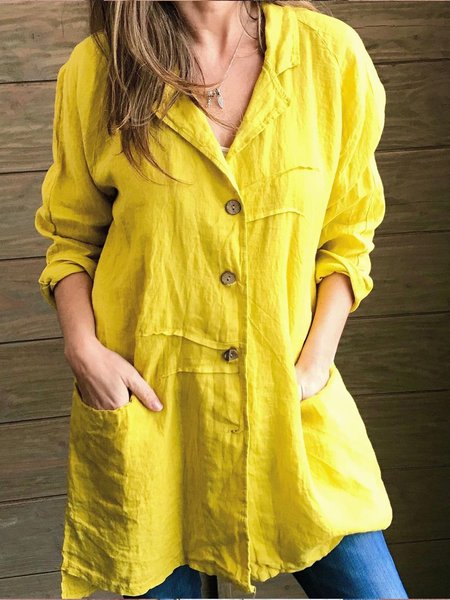 

Casual Lapel Solid Long Sleeve Loosen Pocket Shirts & Tops, Yellow, Blouses & Shirts