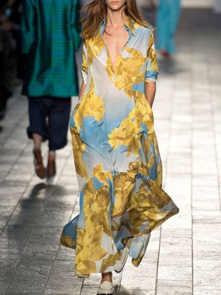 

Vacation Loosen Long Sleeve Printed Dress, Yellow, Maxi Dresses