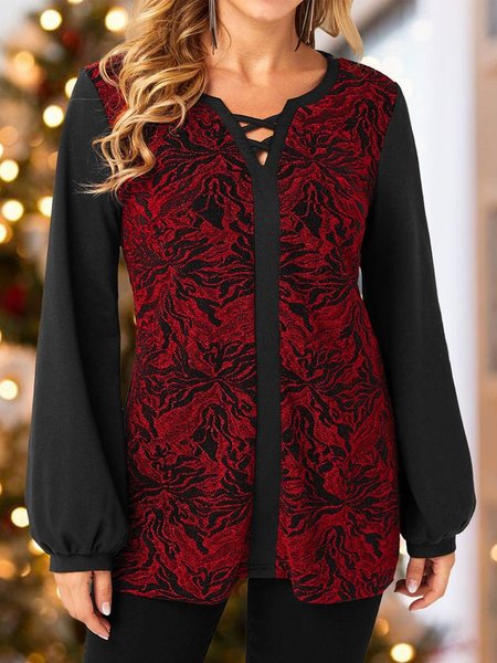 

Color-block Patchwork Long Sleeves Notched Plus Size Casual Tops, Black-red, Tops