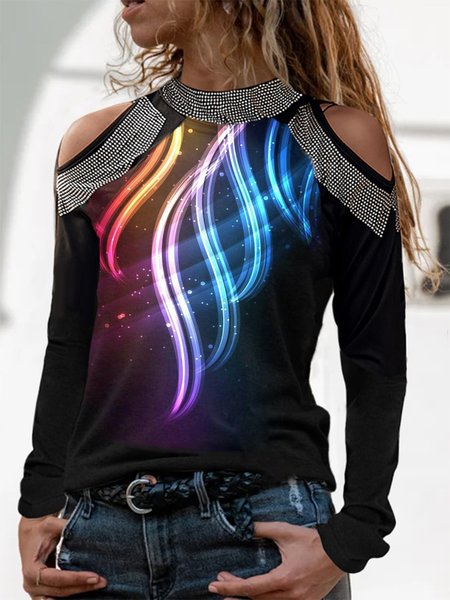 

Colorful Printed Sequins Casual Off The Shoulder Shirts & Tops, Black, Tops