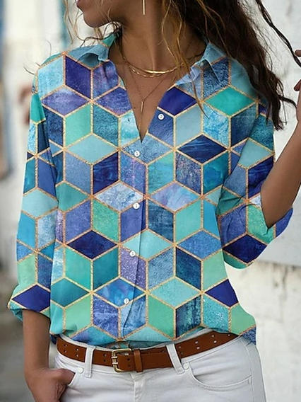 

Cotton Blends Shirt Collar Geometric Shirts & Tops, Green, Blouses & Shirts