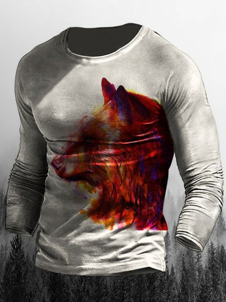

Men's animal element graphic print round neck long-sleeved Tee, White-gray, T-shirt