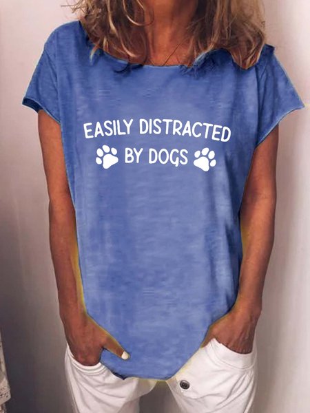 

Easily Distracted By Dogs Round Neck Short-sleeved T-shirt, Blue, T-shirts