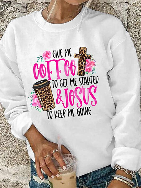 Letter Cotton Blends Casual Crew Neck Sweatshirt, White, Sweatshirts & Hoodies