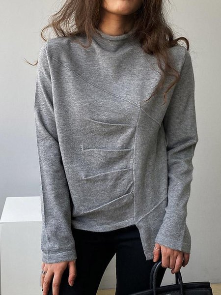

Loosen Plain High Neck Long Sleeve Top, Gray, Tops