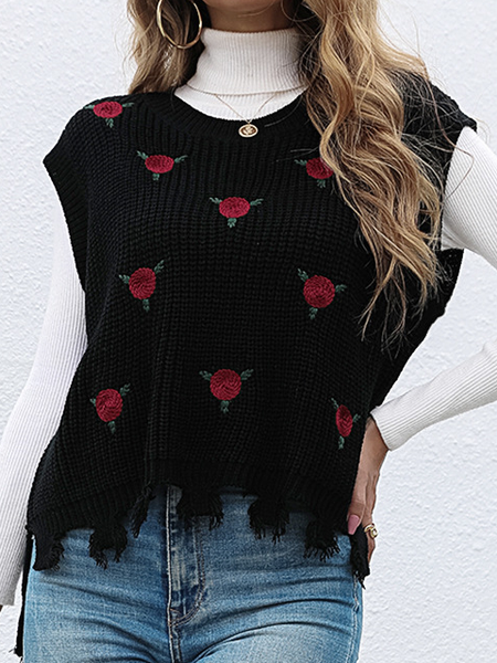 

Crew Neck Floral Vintage Sweater, Black, Sweaters
