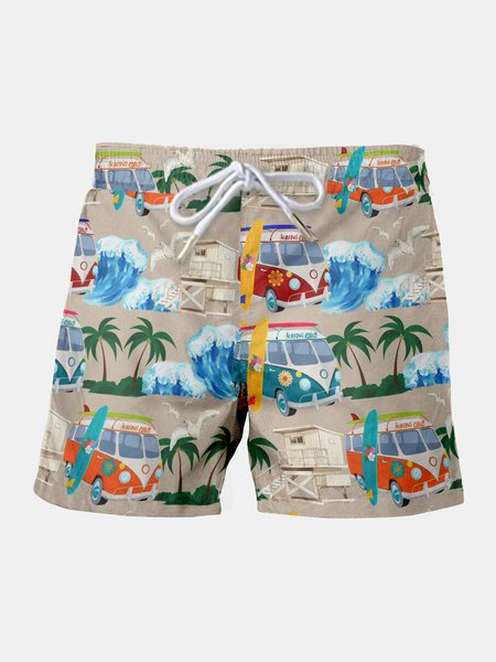 

Resort Style Hawaiian Series Coconut Tree And Car Elements Side Pocket Short Drawstring Print Beach Pants, As picture, Men's shorts