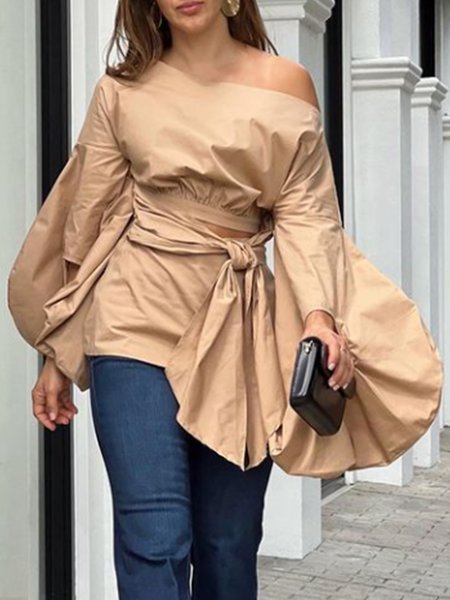 

Elegant Lace-Up Slim Fit Solid Top, Khaki, Tops
