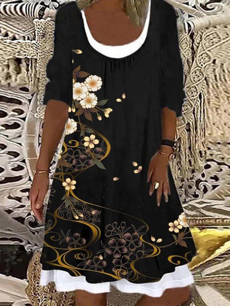 

Floral Printed U-neck Casual Long Sleeve A-line Dresses, Black, Mini Dresses