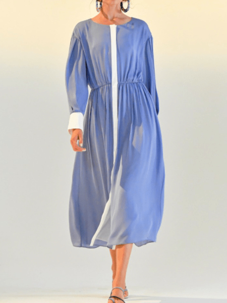 

Spring A-line Crew Neck Color Block Loosen Daily Dresses, Blue, Midi Dresses