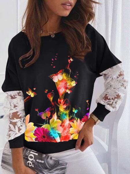 

Floral Butterfly Printed Lace Casual Long Sleeve Loosen Sweatshirt, Black, Hoodies & Sweatshirts