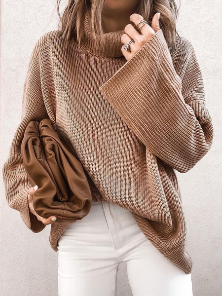 

Casual Loosen High Neck Sweater, Light brown, Knitwear & Sweaters