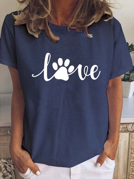 

Paw Love Print Round Neck Short-sleeved T-shirt, Purplish blue, T-shirts