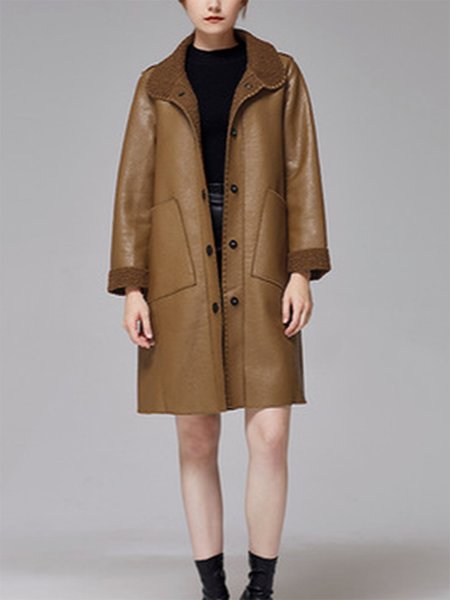 

Loosen Pu Leather Faux fur Lapel Outerwear, Brown, Coats