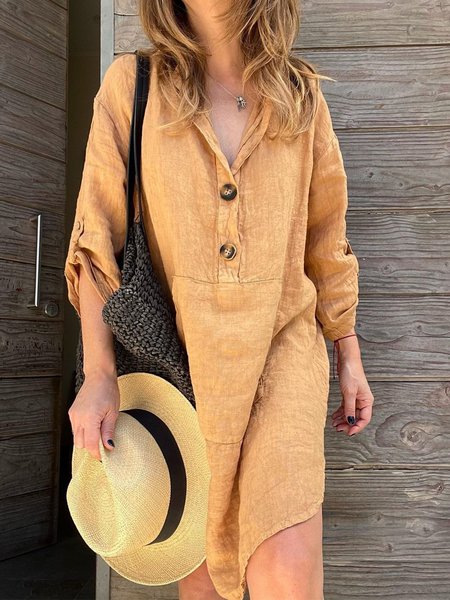 

Casual Solid Loosen Long Sleeve Dresses, Khaki, Mini Dresses