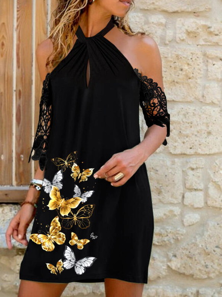 

Butterfly Casual Vacation Crew Neck Knee Dresses, Black, Mini Dresses
