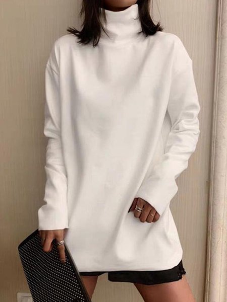 

Loosen High Neck Casual Plain Top, White, Tops
