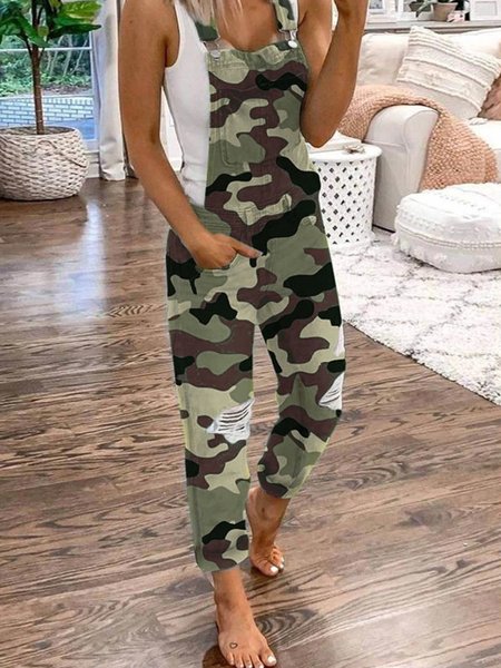 

Casual Vacation Basics Denim Solid One-Pieces, Camouflage, Jumpsuits＆Rompers