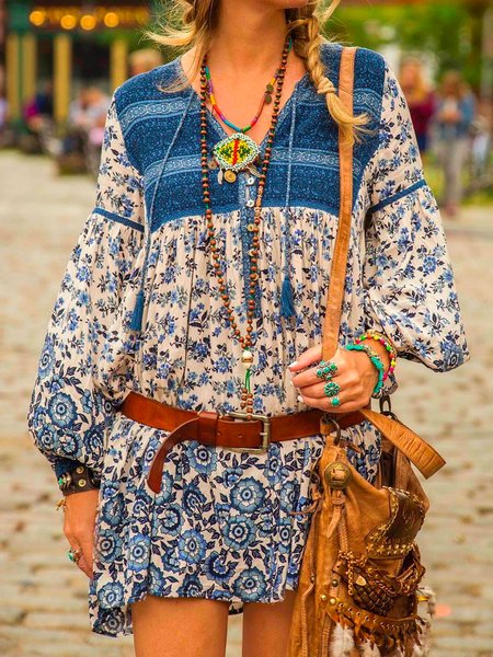 

Floral Casual V Neck Dresses, Blue, Mini Dresses