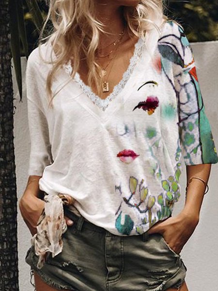 

Floral Cotton Blends Casual Shirts & Tops, White, T-Shirts