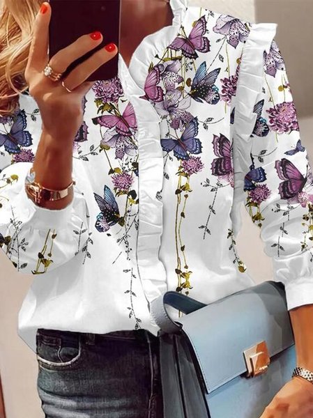 

Loosen V Neck Butterfly Vacation Shirts & Tops, White, Shirts & Blouses