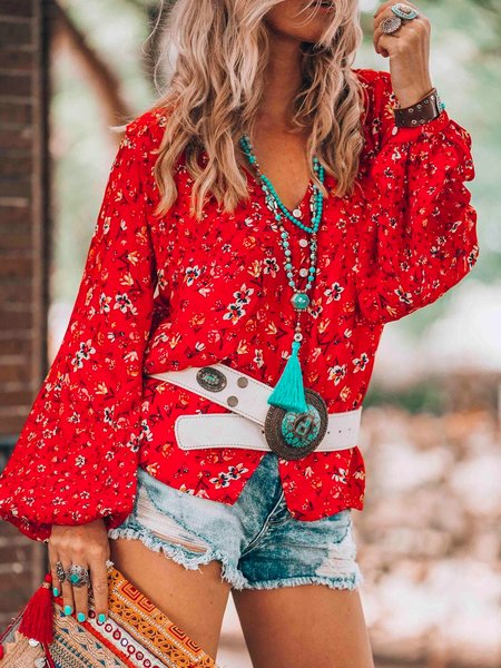 

V Neck Casual Floral Shirts & Tops, Red, Blouses & Shirts
