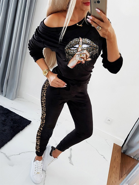

Leopard Long Sleeve Casual Suits, Black, Two-piece Outfits