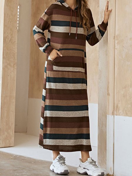

Color striped hooded long straight casual home sweater dress, Multicolor, Casual Dresses