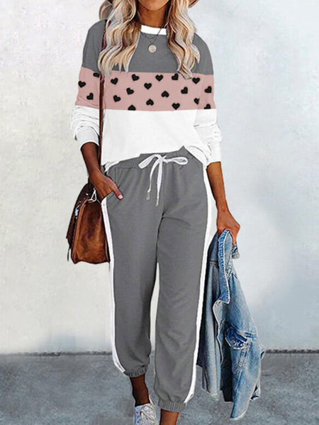 

Heart Print Color Block Casual Plus Size Sweatshirts & Two-Piece Outfits Set, Gray, Suit Set