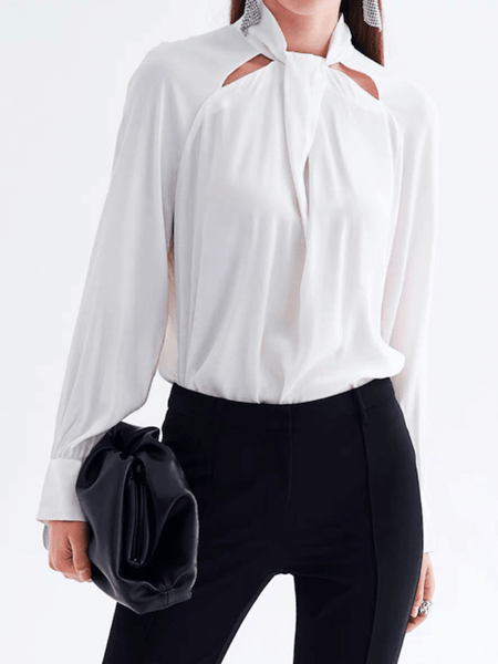 

Spring Regular Fit Stand Collar Elegant Long sleeve Hollow Out Tops, White, Tops