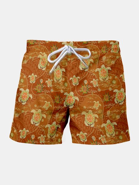 

Resort Style Hawaiian Series Marine Elements Turtle Side Pocket Short Drawstring Print Beach Pants, As picture, Men's shorts