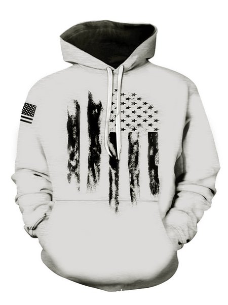 

American flag print hooded long-sleeved cotton-blend sweatshirt, Gray, Hoodies&Sweatshirts