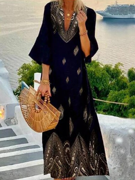 

Boho Flare Sleeve Loosen V Neck Tribal Dresses, Dark blue, Maxi Dresses