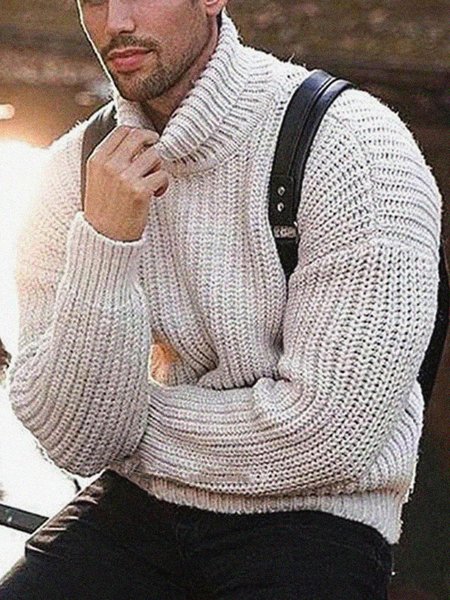 

Men's Plain Casual Drop Shoulder Turtleneck Sweater, Beige, Sweater