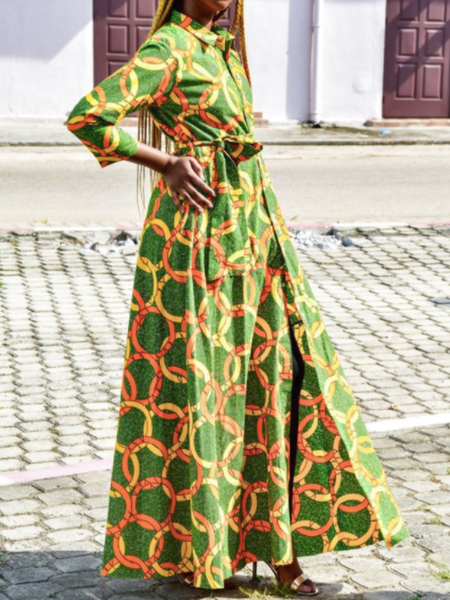 

Spring A-line Vacation Geometric Loosen Lightweight Daily Dresses, Green, Midi Dresses
