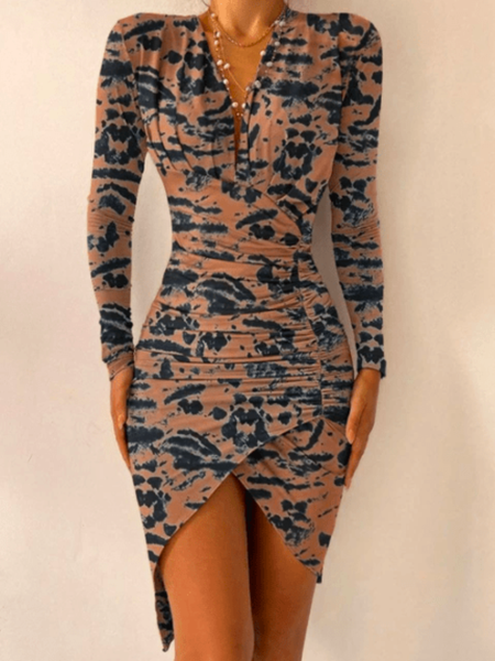 

Spring Long sleeve Printed V Neck Lightweight Daily Dresses, Brown, Midi Dresses