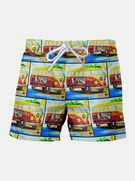 

Resort Hawaiian Collection Coconut Tree And Car Elements Drawstring Side Pocket Short Printed Beach Shorts, As picture, Men's shorts
