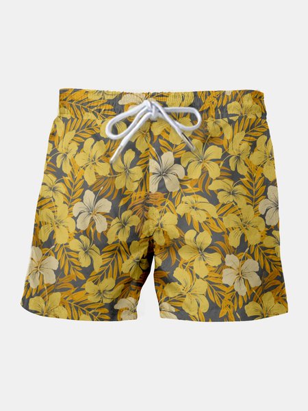 

Resort-Inspired Hawaiian Floral And Leafy Cropped Side-oOening Strappy Print Beach Pants, As picture, Men's shorts
