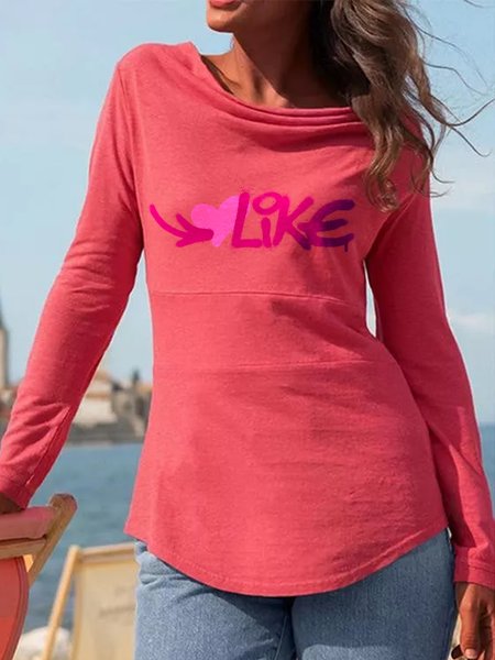 

Letter printing stitching round neck design spring women's top, Coral, Tops