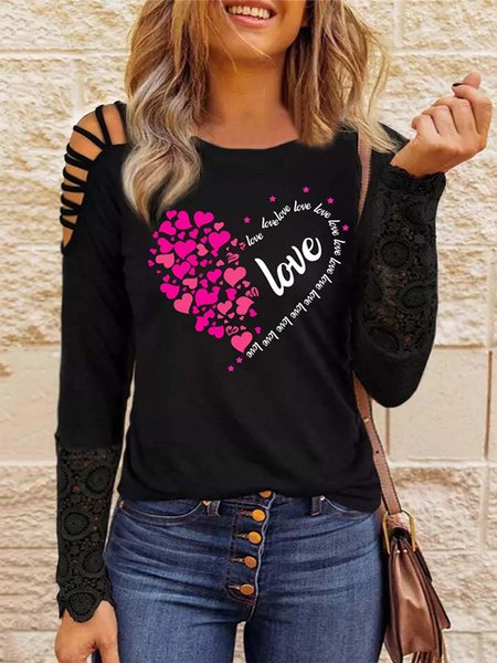 

Love Heart Printed Long Sleeves Hollow Out Crew Neck Plus Size Casual Tops, Black, T-Shirts