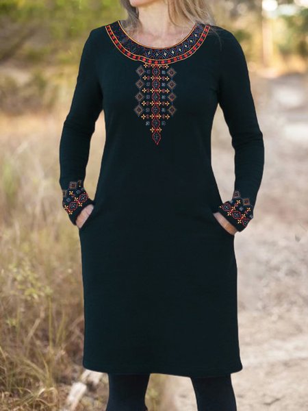 

Geometric Boho Crew Neck Cotton Blends Loosen Dresses, Black, Mini Dresses