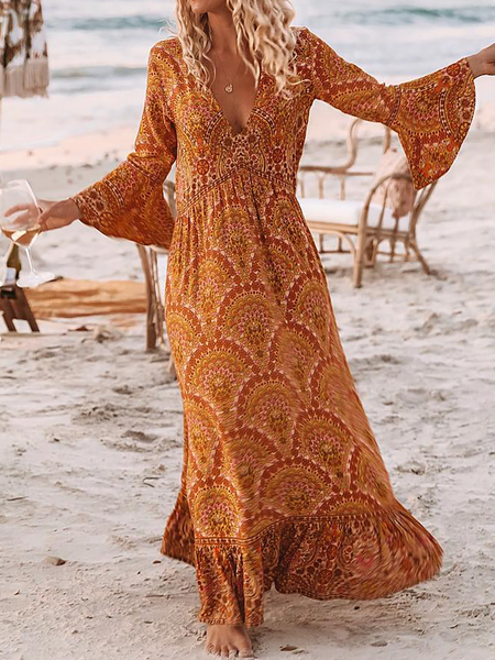 

Plus size Boho V Neck Casual Dresses, As picture, Maxi Dresses