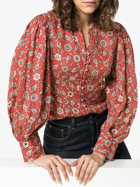 

Elegant Floral Long sleeve Regular fit Shirt, Red, Tops