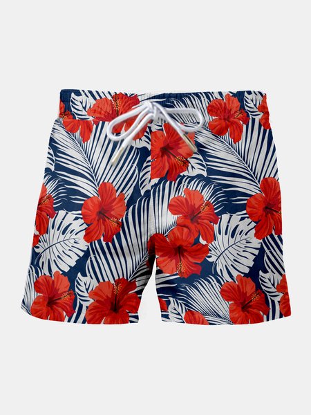 

Resort-Inspired Hawaiian Floral And Leafy Drawstring Shorts With Side Pockets, Multicolor, Men's shorts