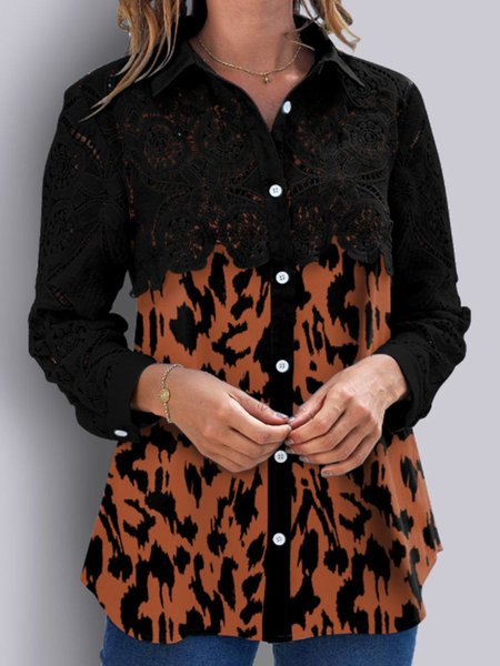 

Lace Buttoned Casual Loosen Shirts & Tops, Leopard, Blouses & Shirts