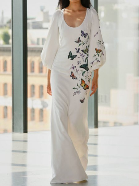 

Elegant Three Quarter U-Neck Printed Butterfly Dress, White, Maxi Dresses